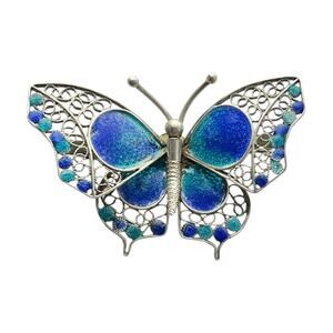 1960s Vintage 800 Silver Filigree Blue Plique-à-Jour Enamel Butterfly Brooch Pin